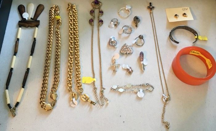 925 Silver, Vintage Brown/White Necklace, Givency chain(not real gold), Bakelite Orange Bangle Bracelet 