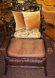 BROWN RATTAN CHAIR AND OTTOMAN