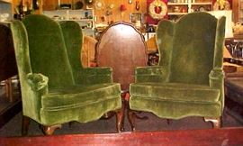 GREEN VELOUR WINGBACK CHAIRS