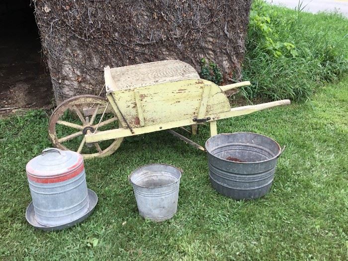 Vintage Wheelbarrow and Galvanized Items