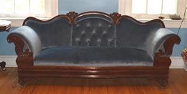 #2171: Gorgeous Victorian Blue Velvet Sofa
Gorgeous antique Victorian, carved sofa with luxurious blue velvet fabric.

87"L x 26"D x 20"H
