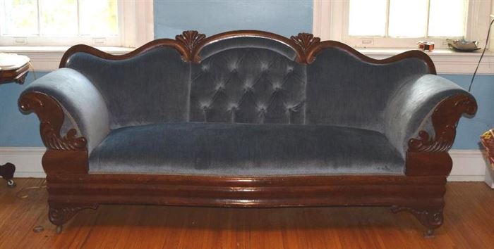 #2171: Gorgeous Victorian Blue Velvet Sofa
Gorgeous antique Victorian, carved sofa with luxurious blue velvet fabric.

87"L x 26"D x 20"H
