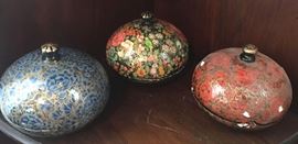 #2259: Trio of covered display bowls
A trio of covered this labels and a wonderful assortment of colors. Great accent pieces for a side table or display cabinet.

3.75H.

Bid per piece, Final bid x 3