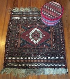 #2373: Tribal Rug & Ottoman
Authentic tribal handwoven rug and ottoman.

Rug size 3.11' x 4.0'.
Ottoman 16" x 16" x 11”H