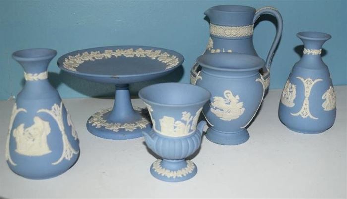 #2167: Wedgwood Six Piece Collection
Wedgwood Six Piece Collection.

Urn, 3.5"H.
2 Matching vases, 5"H.
Pitcher, 6"H.
Footed Plate, 4"H.
Vase, 3.75"H.

Bid per piece, Final bid x 6
