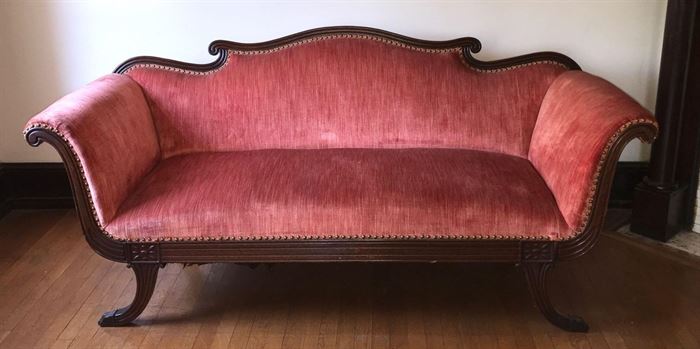 #1408: Victorian Style velvet sofa
Fabulous Victorian velvet sofa with nail head trim. Gorgeous lines and carving detail.

77" x 30" x 35"H