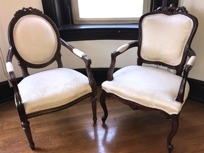#1409: Mr and Mrs Arm Chairs
Gorgeous carving, Mr. & Mrs. Armchairs. Complementing arm chairs from a grand parlor of a DC Mansion. They just could not be separated and are to be enjoyed together.

23" x 21" x 38"H

Bid per piece, Final bid x 2