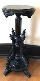 #1412: Unusual Carved Wood Black Pedestal
Unusual black wood carved pedestal. 

14" x 14" x 32"H