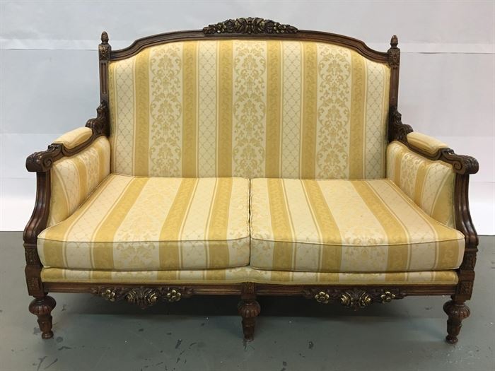 #1306: Italian, Louis XVI style love seat, walnut & gold
Luxurious Italian walnut & gold, gold stripe fabric love seat. Handcrafted in the famous Bergamo regin.

Originally $4,500.

 33” x 56” x 40”H

*Matching Sofa in Separate Lot