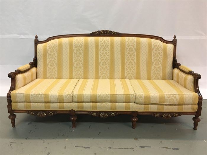 #1307: Italian sofa, walnut & gold
Luxurious Italian walnut & gold, gold stripe fabric Sofa. Handcrafted in the famous Bergamo regin. 

Originally $6,500.

33” x 78” x 40”H

*Matching Loveseat in Separate Lot