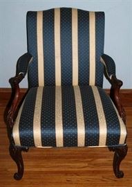 #2000: Arm Chair with Striped Fabric
Arm Chair with striped fabric.

One side of the arm chair is broken. The piece fits into place and seems to be be repairable.

27.5" x 25" x 36"H