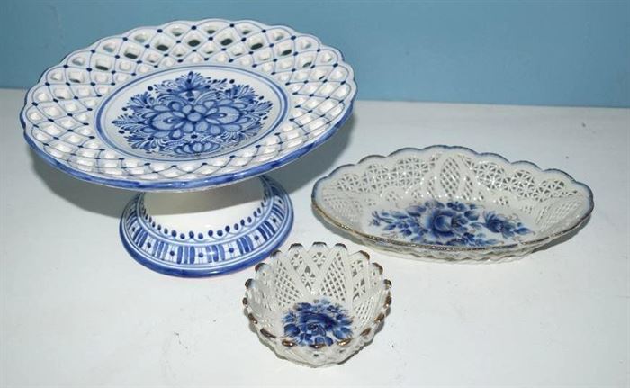 #2218: European Lattice Blue & White Handcrafted Porcelain Set
European porcelain with intricate lattice cut out, blue and white design.

Pedestal plate, 4"H.
Round dish, 3"D.
Oval dish, 6.25"L.

Bid per piece, Final bid x 3