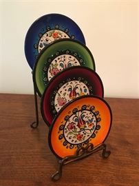 #2326: Set up for European hand painted plates and stand
Adorable set up for hand-painted plates and decorative display stand.

Each plate 4”D