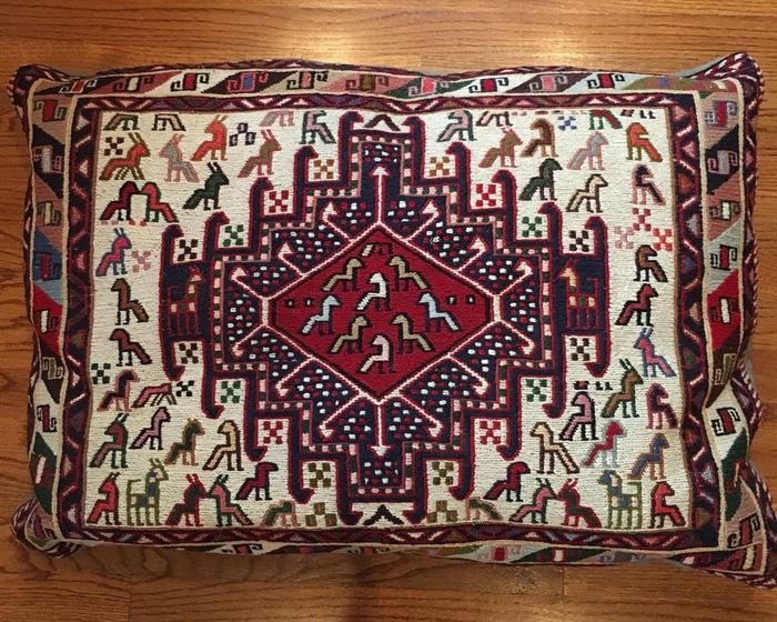 #2424: Handwoven tribal rug pillow
Handwoven rug pillow, tribal pattern, vegetable dyed,

 33” x 22”H