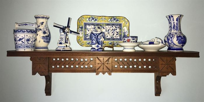 
#2431: Around the world porcelain collection w/carved display shelf
From around the world porcelain collection displayed on a handsome, carved display shelf. 28”x6”x11”H