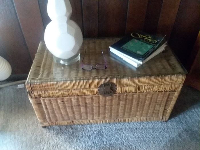 Antique wicker basket with bronze latch and cut, rounded edge glass to fit.