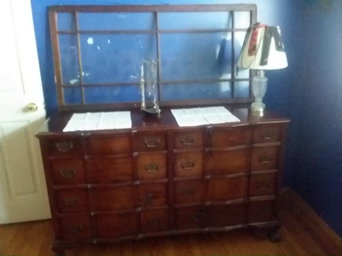 Antique dresser and mirror.  Has matching chest of drawer posted separately.   Antique glass paned window wonderful for wall hanging.