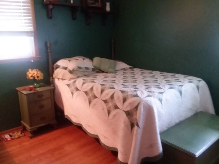 Antique bed with headboard, matching side table and hope chest - can be sold separately.  Bed quilt  and shams also available. Mattresses are brand new and have had mattress covers.  Guest room so rarely used.