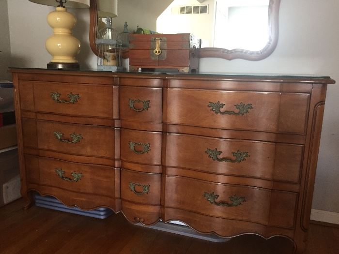 Bowfront 9 drawer dresser - cherry wood with mirror
