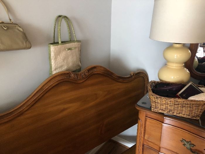 queen headboard and matching dresser, lamps and purses