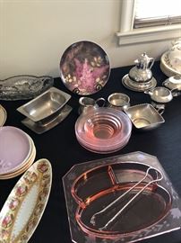 depression glass, pewter and stainless steel serving pieces