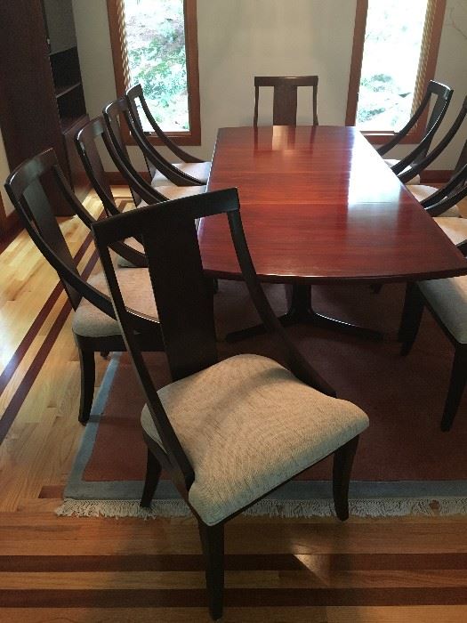 Ten Sloped Arm Dining Chairs, 'Surfboard' Rosewood Danish Dining Table with Splayed Legs