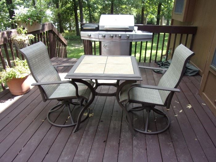 Hampton Bay
Belleville 3-Piece  Outdoor Dining Set
Includes square table and 2 chairs ( swivel)
Bronze powder-coated frames & fabric is weather-resistant
Heavy-duty ceramic tile tabletop is durable and easy to clean