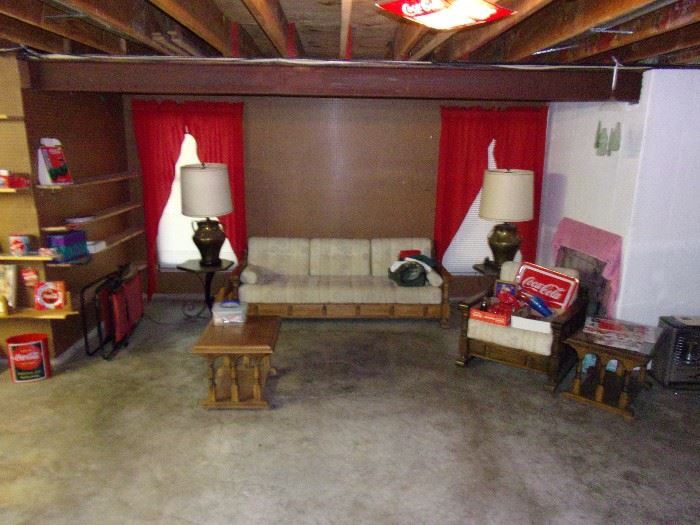 Vintage wood base sofa, arm chair and 4 vintage end tables.