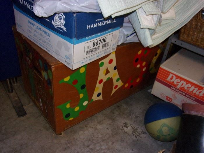Large painted wooden toy box.