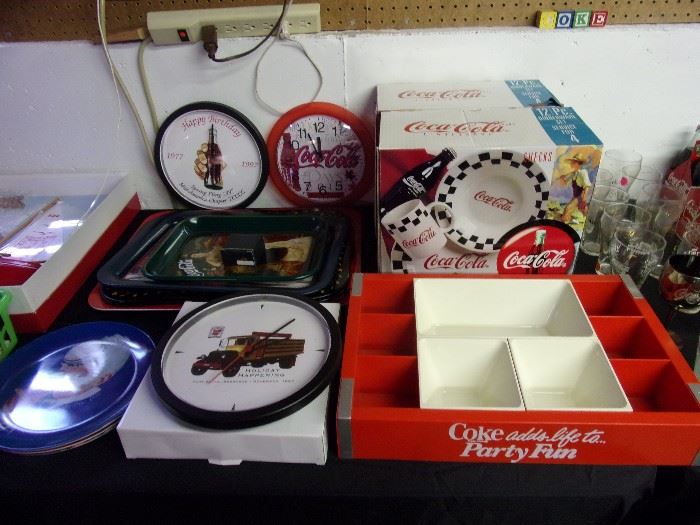 Coca Cola dinnerware, vintage trays, clocks, glasses, etc.