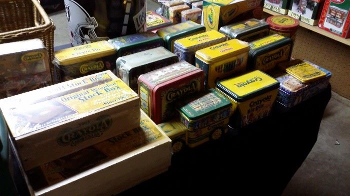 Vintage style Crayola/Crayon tin boxes, many with unused crayons inside.