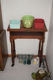 Side Table, Baskets, Glass Insulators