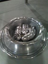 Vintage pewter punch bowl, tray, and cups