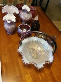 Fenton White and Iridescent Purple Basket and More