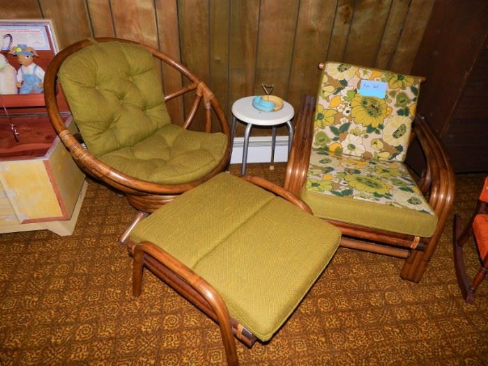 Set: Vintage Bamboo Orb Chair, Arm Chair with Original Reversible Cushions and Footstool. Matches 3 Cushion Sofa