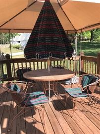 Ornate Aged Copper Patio Set w 4 armed chairs-new umbrella-& matching seat covers