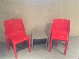 modern side chairs - red and center cube side table - grey