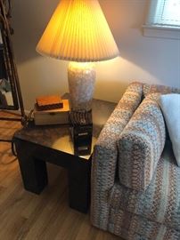 Side table - burled finish - coffee table that matches also available, lamp and art pieces