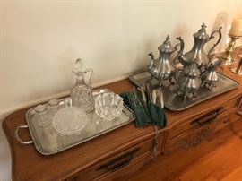 Silver-plated tea/coffee set, glass decanters and barware, large silver-plated trays - great for holidays
