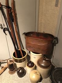 Antique copper, ceramic crocks and pots