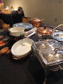 copper chaffing dishes and silver-plated ones too