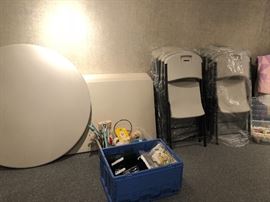 Lifetime folding tables: two - 48" round and four - 6ft long, 12 folding chairs