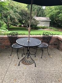 Cafe patio table with 2 chairs, umbrella stand and umbrella 