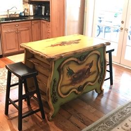 Beautiful hand painted kitchen island with storage.