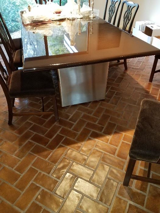 CONTEMPORARY BROWN LACQUER AND CHROME BASE DINING ROOM TABLE. CUSTOM MADE