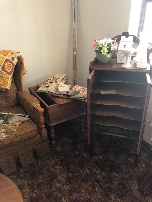 MID CENTURY TABLES AND ANTIQUE SHEET MUSIC  CABINENT