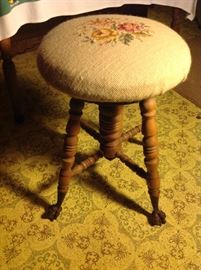Antique Piano Stool (adjustable height) needlepoint seat cover ball & claw feet