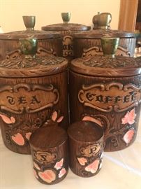 Vintage canister set with matching salt and pepper shakers 