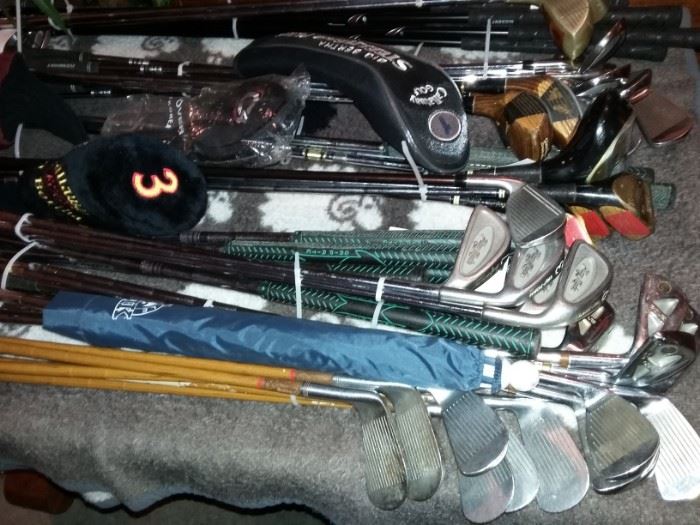 Golf Clubs, including vintage wood shaft clubs
