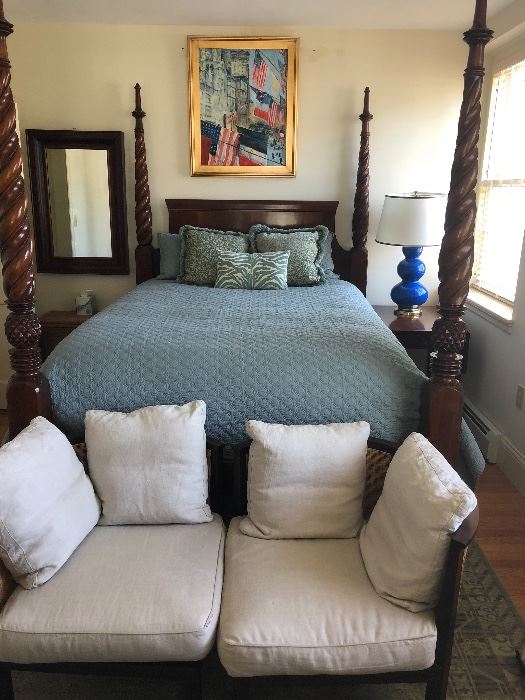 Master Bedroom: exquisite queen sz mahogany 4 poster bed, pair of Flexform cane corner chairs ( down cushions), 19th C Ogee mirror, bed linens, 19th drop leaf table